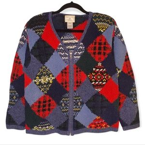 Vintage 90s Susan Bristol Casuals Patchwork Argyle Diamond Hand Knit Cardigan